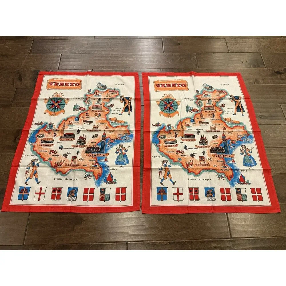 Lot Of 2 Vtg Veneto Emilia Romagna Map Cities Cotton Kitchen Tea Towel 23